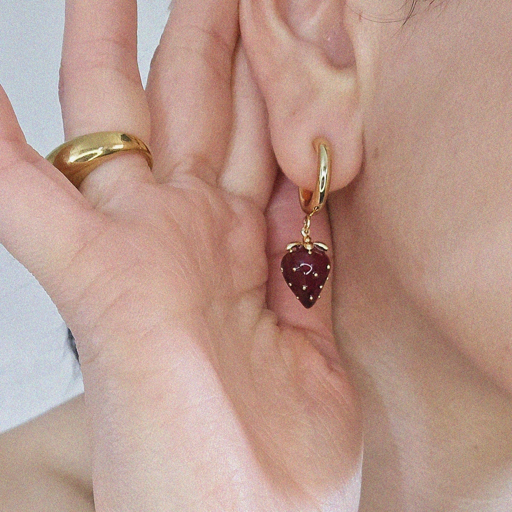NEW Gold and Red Strawberry Hoop Earrings